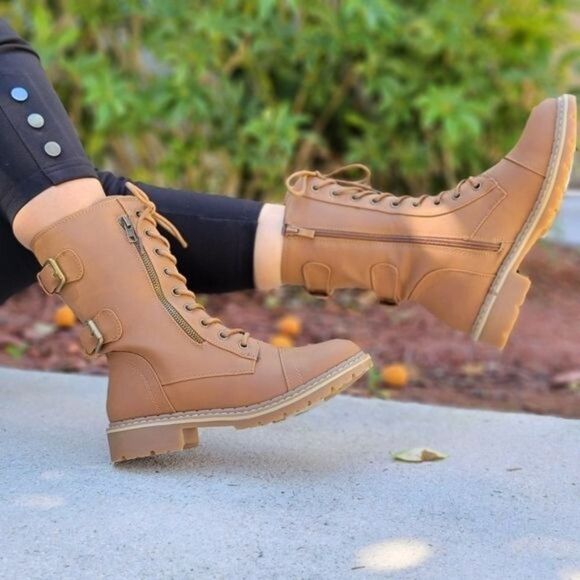 Women's Tan Lace up and Ankle Mid Calf Combat Boots - Picture 2 of 7
